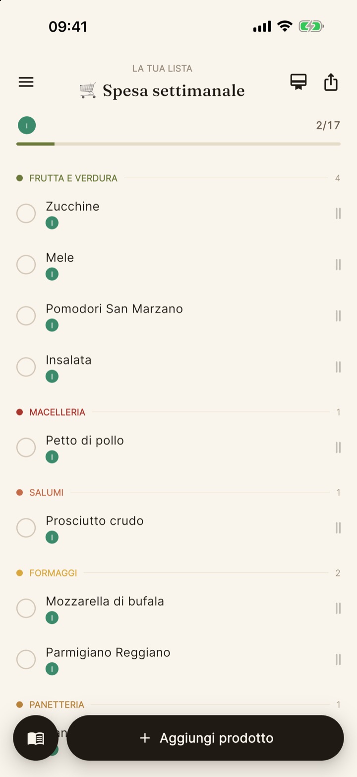 Lista della spesa divisa per reparti con prodotti da comprare e barra di avanzamento.