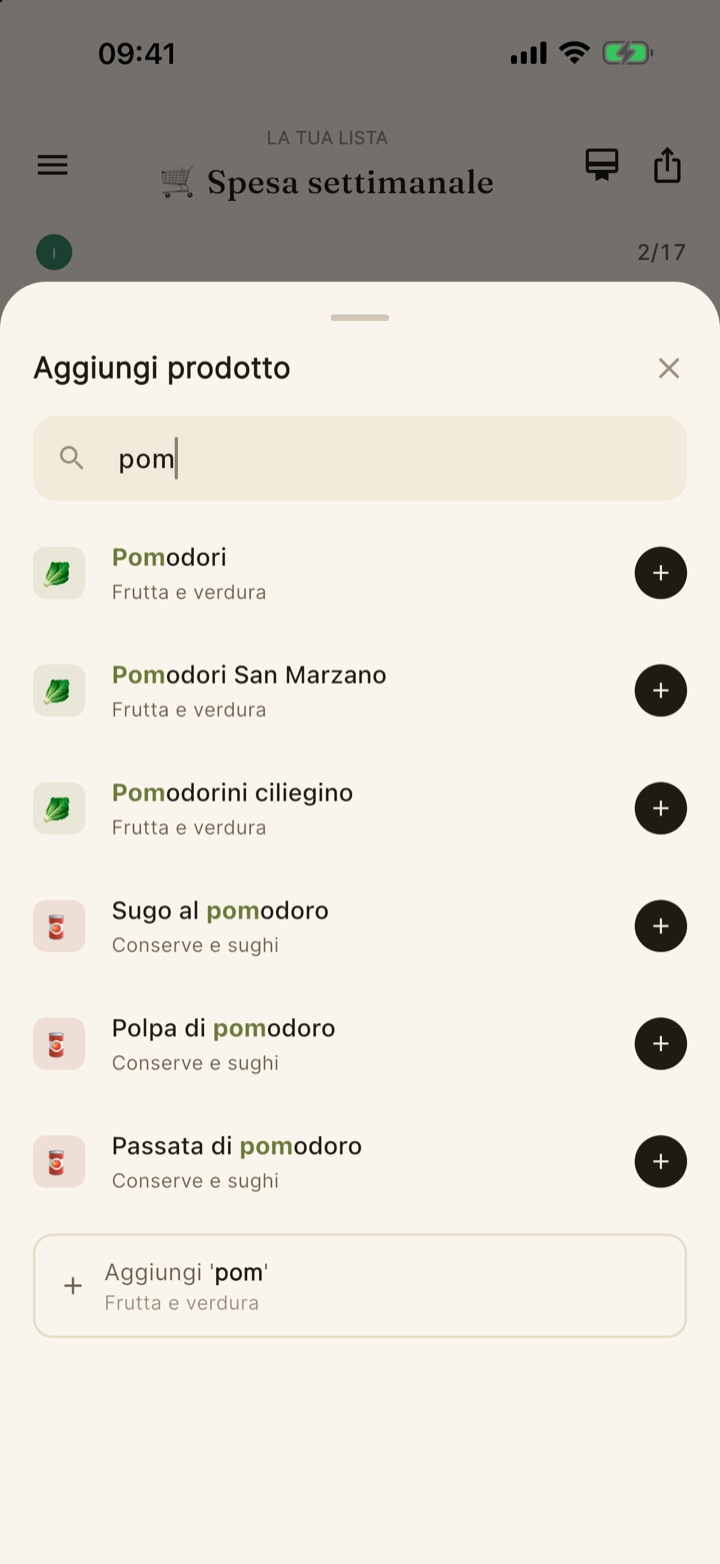 Schermata di aggiunta prodotto con la ricerca «pom» e i suggerimenti del catalogo.