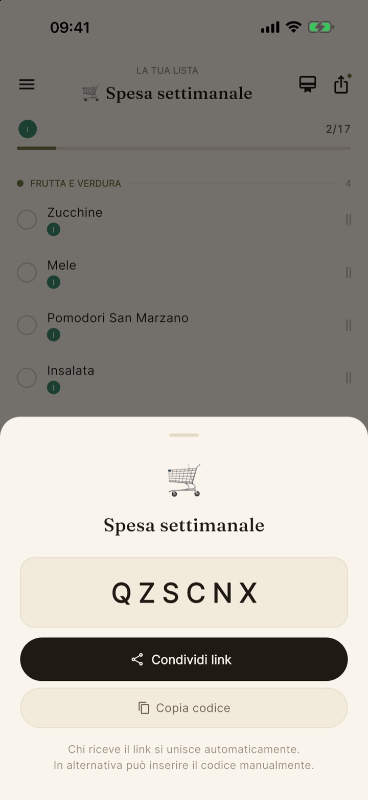 Pannello di condivisione lista con codice invito QZSCNX e pulsanti Condividi link e Copia codice.