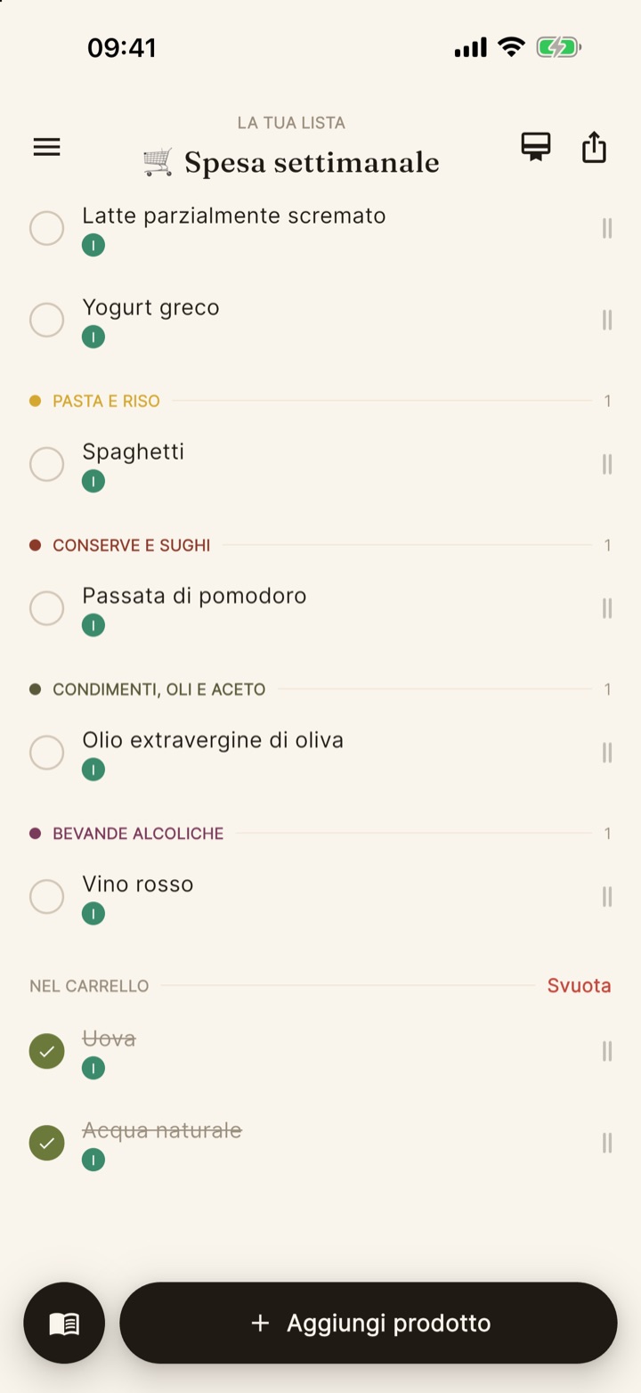 Lista con la sezione Nel carrello: prodotti spuntati in grigio e comando Svuota.